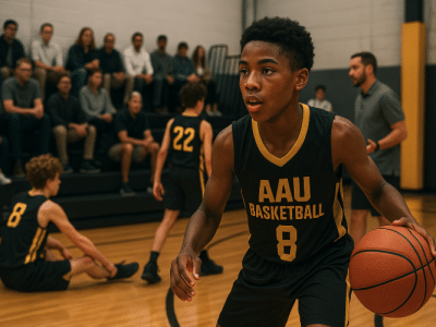 Youth basketball player warming up before an AAU game while parents and coaches observe.